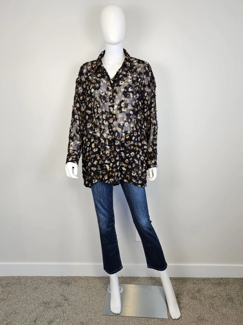 Molly Bracken Black Brown Frilly Long Sleeve Collared Button Up w/ Pockets Sz L - Picture 6 of 8